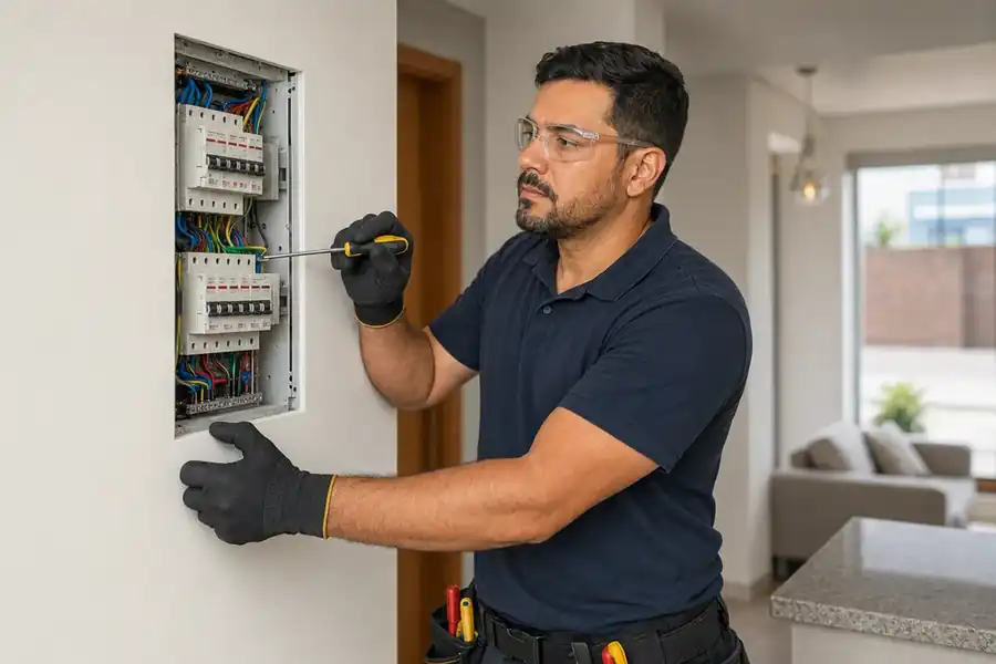 Eletricista Rafael Martins trabalhando em quadro elétrico residencial em Palhoça.