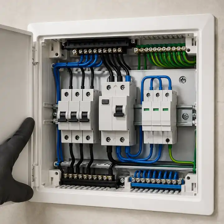 Quadro elétrico residencial com dispositivos DR e DPS instalados.